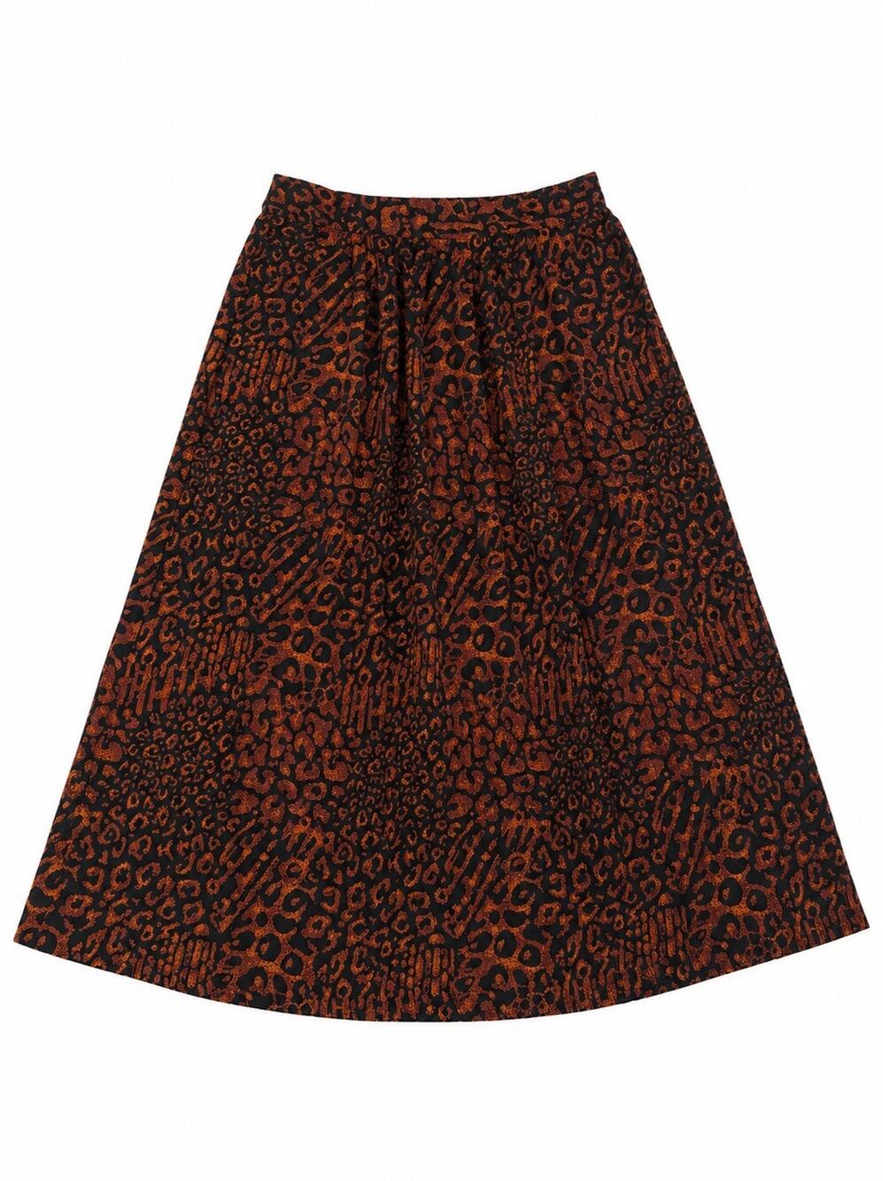 Tropics Women’s Size Medium Black Orange Animal Print A-Line Midi Skirt
